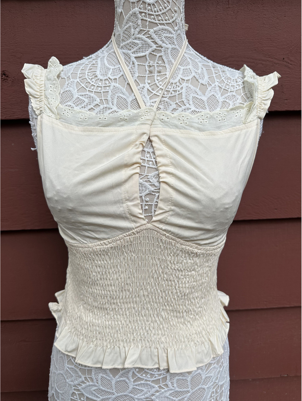 SHEIN Cream White Halter Crop‎ Top with Lace Detailing Bohemian Fairycore